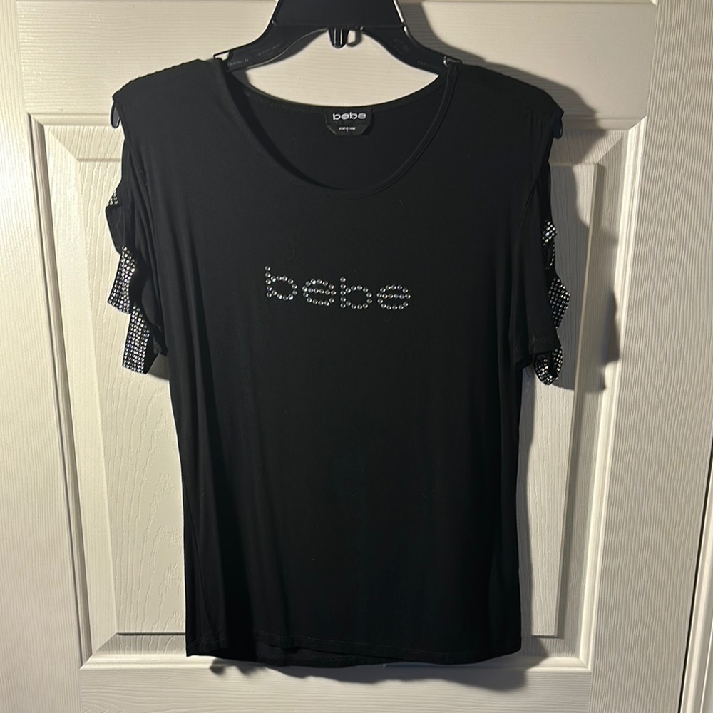 Bebe Black T-Shirt with Rhinestone Logo